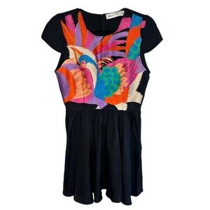 Alice McCall Black Embroidered Phoenix Bird Mini Dress Multi Color Rayon Size 6